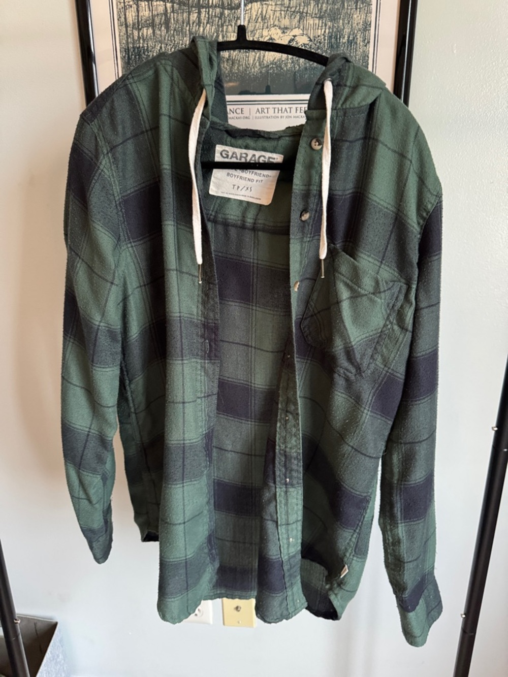Garage Green and Black Plaid Hooded Flannel Shirt